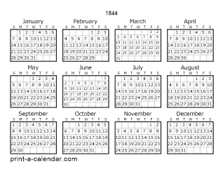 1844 Yearly Calendar | One page Calendar