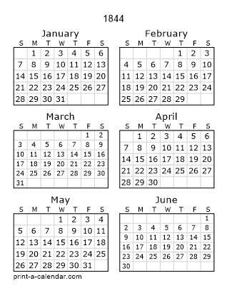 1844 Two Page Yearly Calendar | Six months per page