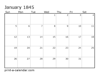 1845 Monthly Calendar