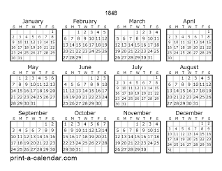 1848 Yearly Calendar | One page Calendar