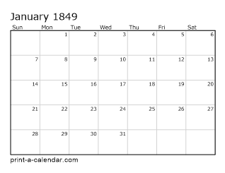 1849 Monthly Calendar