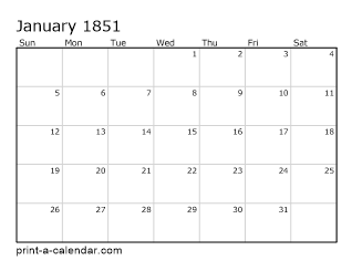 1851 Monthly Calendar