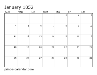 1852 Monthly Calendar