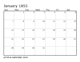1855 Monthly Calendar