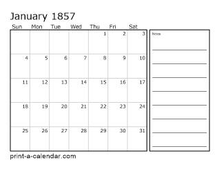 1857 Monthly Calendar with Notes