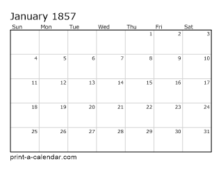 1857 Monthly Calendar