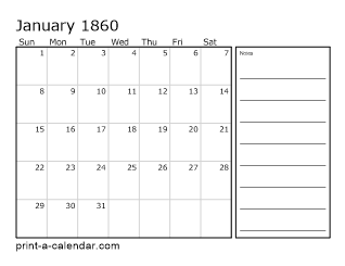 1860 Monthly Calendar with Notes