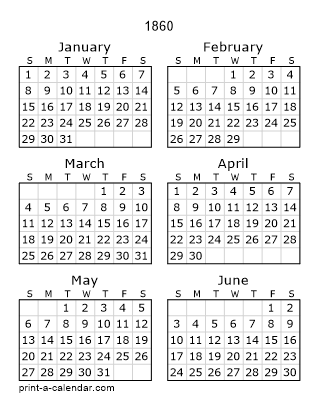 1860 Two Page Yearly Calendar | Six months per page