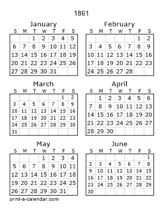 1861 Two Page Yearly Calendar | Six months per page