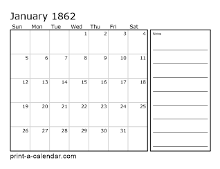 1862 Monthly Calendar with Notes