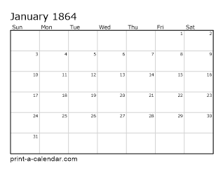1864 Monthly Calendar