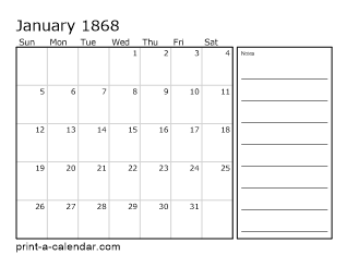 1868 Monthly Calendar with Notes