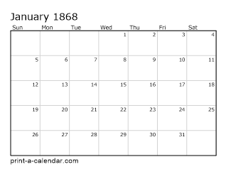 1868 Monthly Calendar