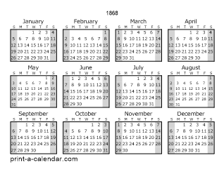 1868 Yearly Calendar (Style 1)