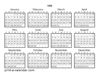 1868 Yearly Calendar | One page Calendar