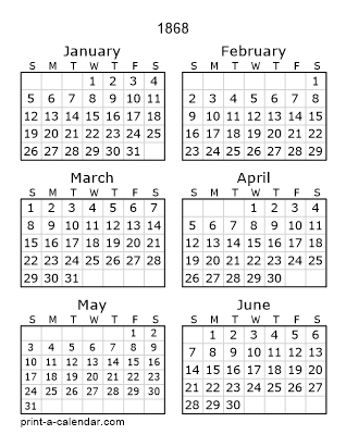 1868 Two Page Yearly Calendar | Six months per page