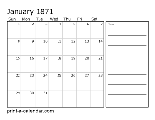 1871 Monthly Calendar with Notes