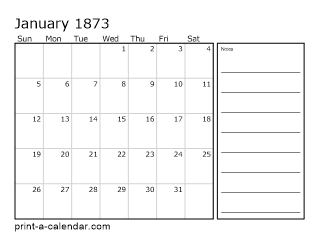 1873 Monthly Calendar with Notes