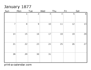 1877 Monthly Calendar