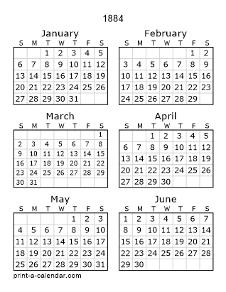 1884 Two Page Yearly Calendar | Six months per page