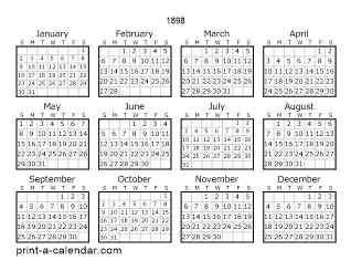 1898 Yearly Calendar | One page Calendar