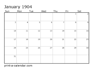 1904 Monthly Calendar