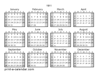 1911 Yearly Calendar (Style 1)