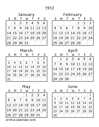 1912 Two Page Yearly Calendar | Six months per page