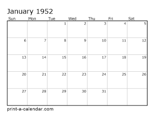 1952 Monthly Calendar