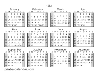 1952 Yearly Calendar (Style 1)