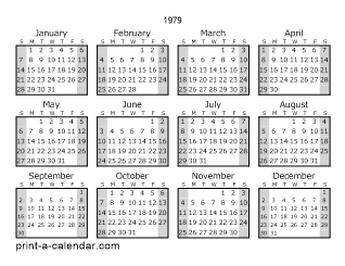 1979 one page yearly calendar with shaded weekends
