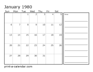 1980 12 month calendar with notes