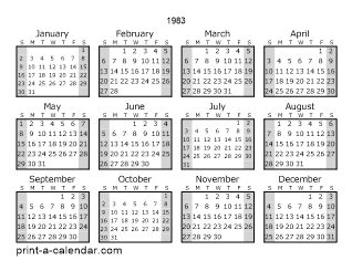 1983 one page yearly calendar with shaded weekends