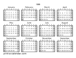 1999 one page yearly calendar with shaded weekends
