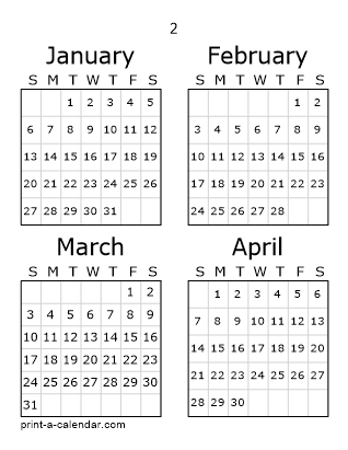 2 Three Page Yearly Calendar | Four months per page