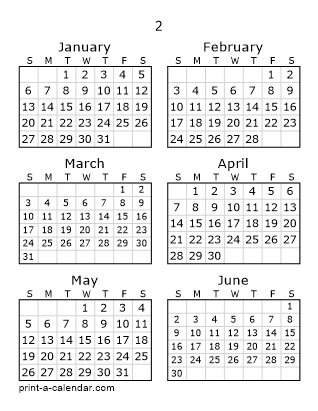 2 Two Page Yearly Calendar | Six months per page