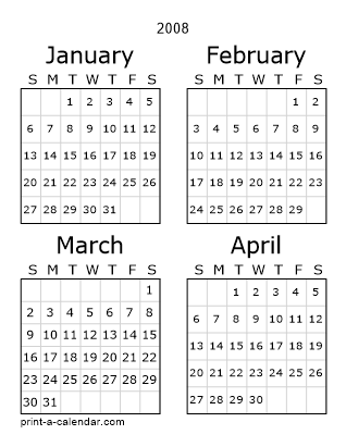 2008 Three Page Yearly Calendar | Four months per page