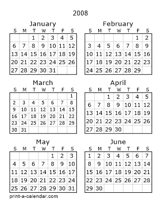 2008 Two Page Yearly Calendar | Six months per page