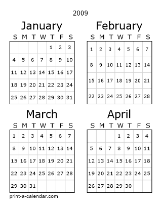 2009 Three Page Yearly Calendar | Four months per page