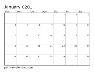 201 Printable Monthly Calendar