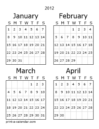 2012 Three Page Yearly Calendar | Four months per page