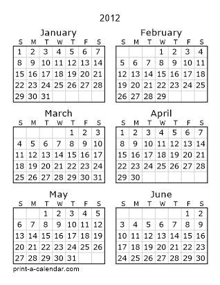 2012 Two Page Yearly Calendar | Six months per page