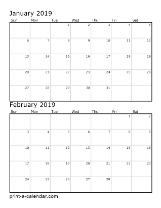 2019 two months per page vertical stacked printable calendar