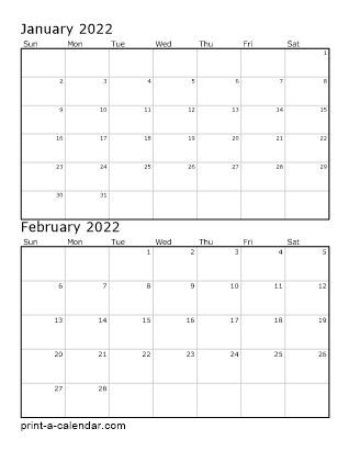 2022 Two Months per page vertical stacked printable calendar