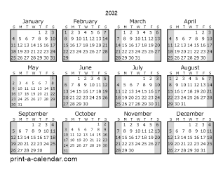 2032 Yearly Calendar (Style 1)
