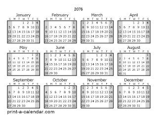 2076 Yearly Calendar (Style 1)