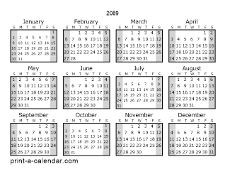2089 Yearly Calendar (Style 1)