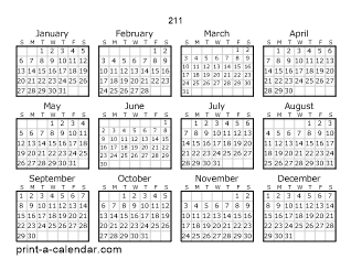 211 Yearly Calendar | One page Calendar