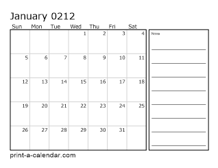 212 Monthly Calendar with Notes