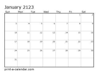 2123 Monthly Calendar